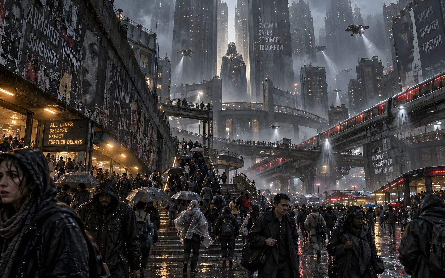 An artistic vision of a possible urban future. AI-generated image.